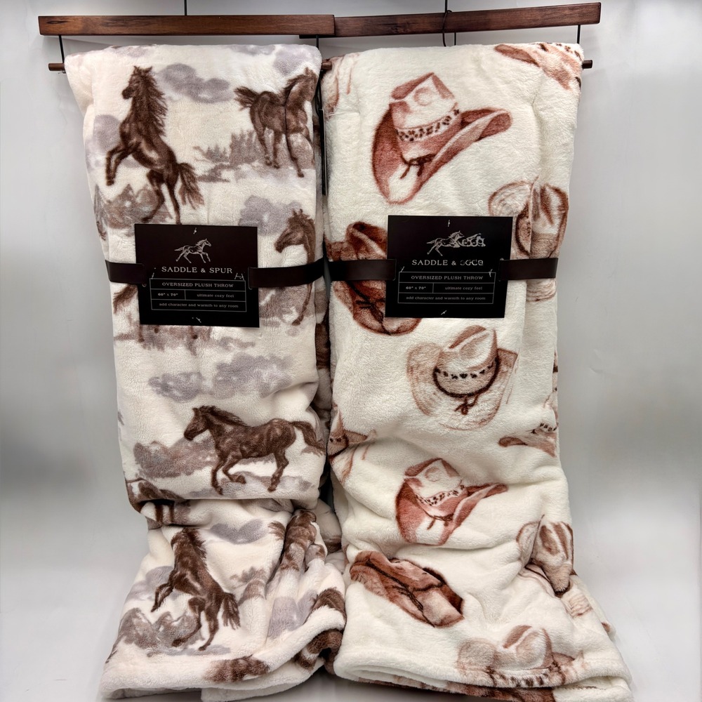 Saddle & Spur Oversized Plush Throw Blanket Set 2 Western Horse Cowgirl Hat